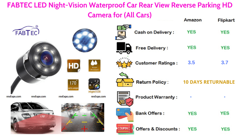 FABTEC Car Reverse Waterproof HD Camera with LED Night-Vision, Rear View for Reverse Parking