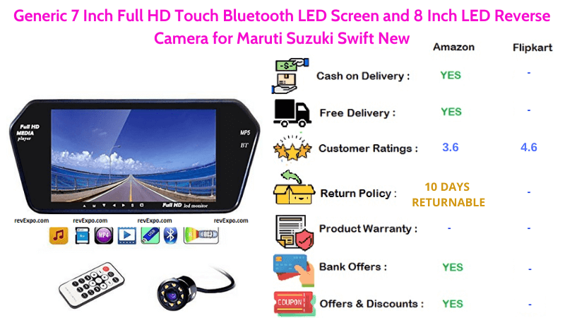 Generic 8 LED Car Reverse Camera with 7 Inch Full HD LED Touch Screen, Bluetooth for Maruti Suzuki Swift New