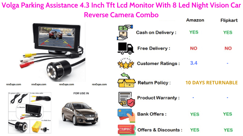Volga Night Vision Car Reverse 8 led Camera with 4.3 Inch LCD Tft Monitor Combo for Parking Assistance