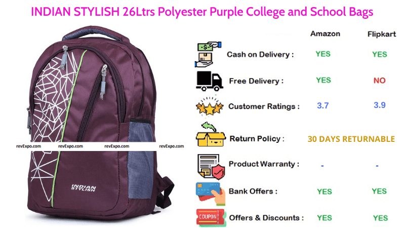 INDIAN STYLISH School Bag Polyester with 26 Ltrs Capacity in Purple