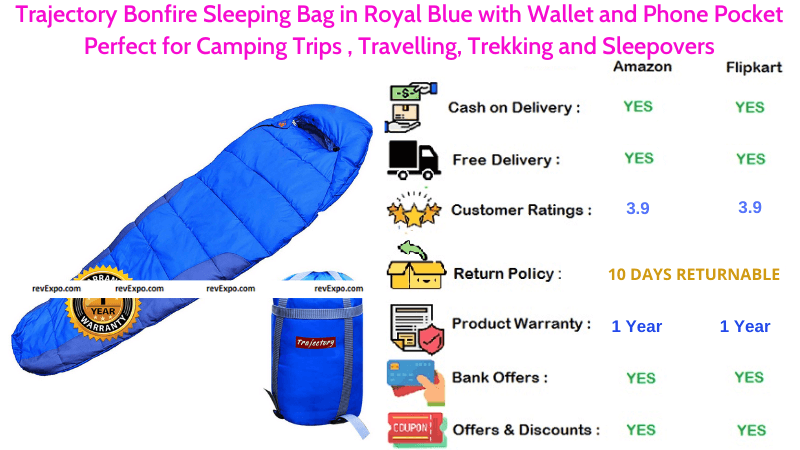Trajectory Bonfire Sleeping Bag in Royal Blue with Wallet and Phone Pockets for Travelling, Camping Trips & Trekking