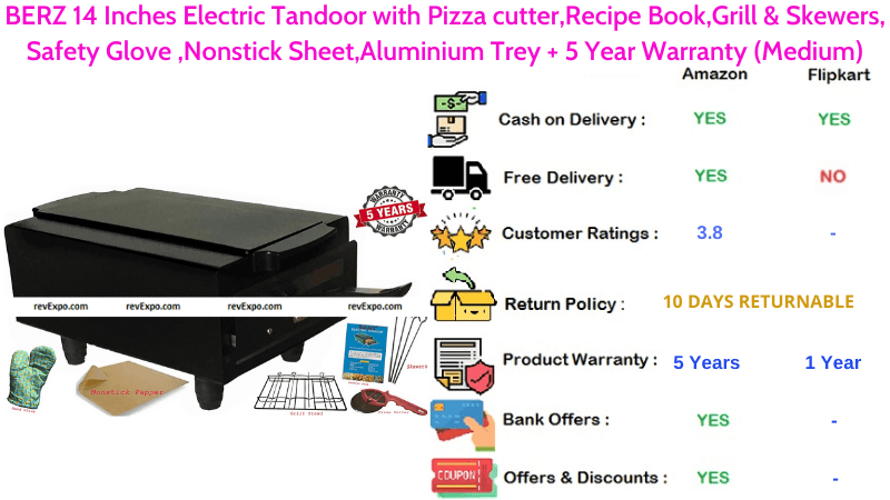 BERZ Electric Tandoor 14 Inches with Aluminium Trey, Nonstick Sheet, Pizza Cutter, Safety Glove, Recipe Book, Grill & Skewers