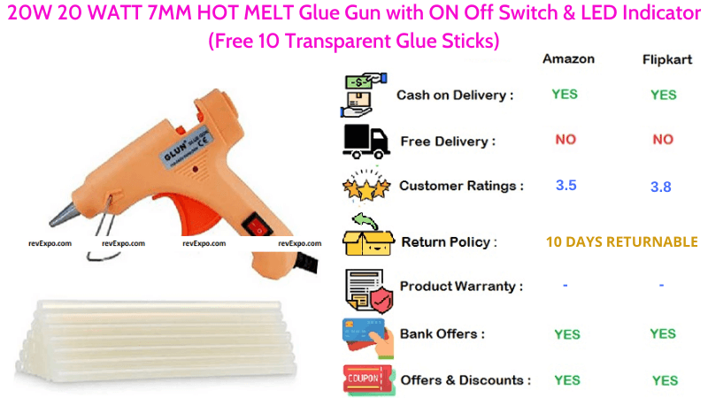 Glun Glue Gun HOT MELT 20W with 7MM Size, ON Off Switch & LED Indicator Get Free 10 Transparent Glue Sticks