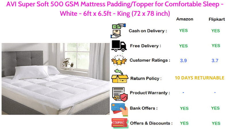 AVI Super Soft Mattress Topper 500 GSM for Comfortable Sleep in White -