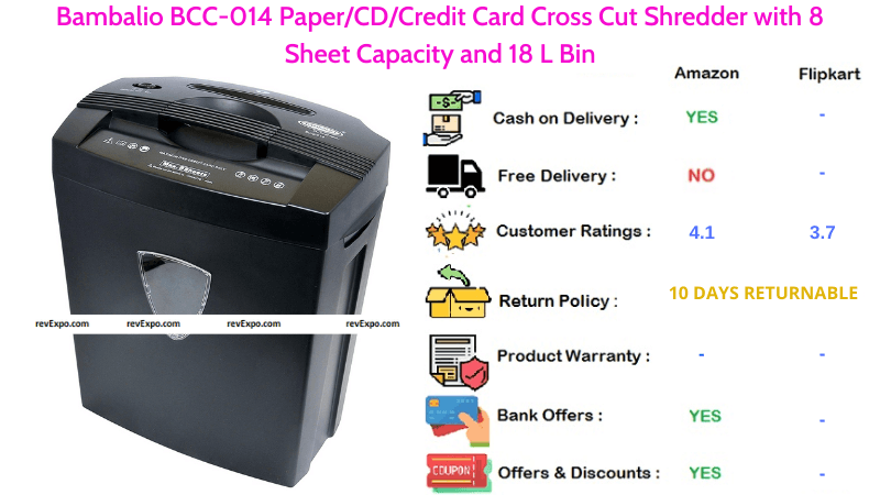 Bambalio Paper Shredder with 8 Sheet Capacity & 18 L Bin BCC-014 Paper, CD, Credit Card Cross Cut Shredder