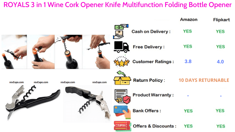 ROYALS 3 in 1 Cork & Wine Opener Knife with Multifunction Folding