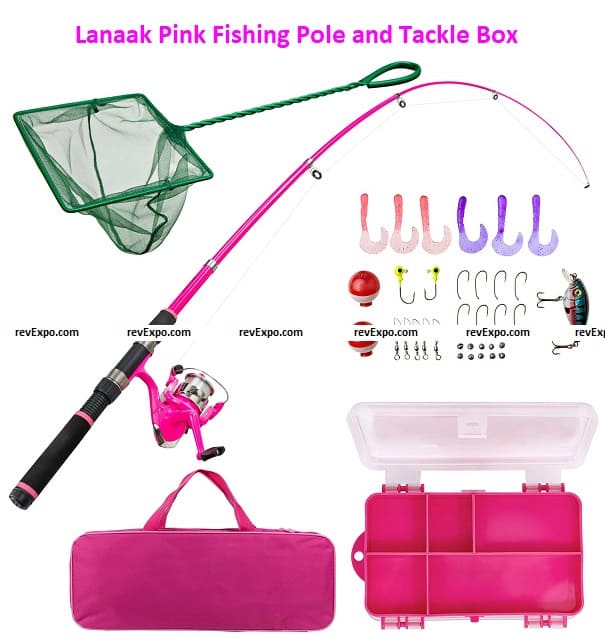 Lanaak Pink Fishing Pole and Tackle Box - Telescoping Rod with Spinning Reel