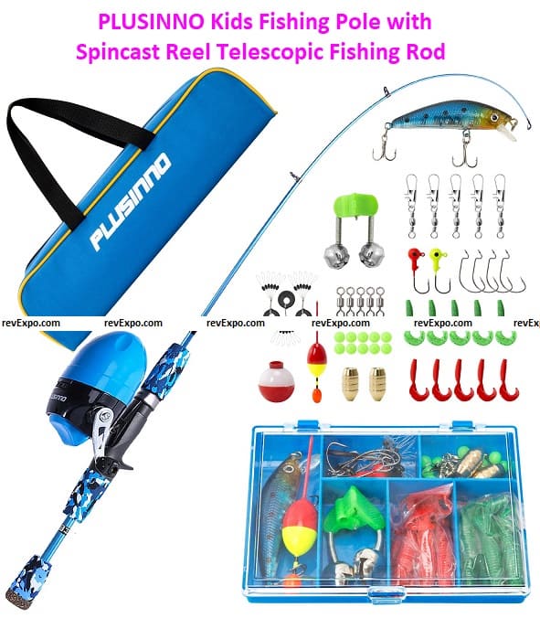 PLUSINNO Kids Fishing Pole with Spincast Reel Telescopic Fishing Rod