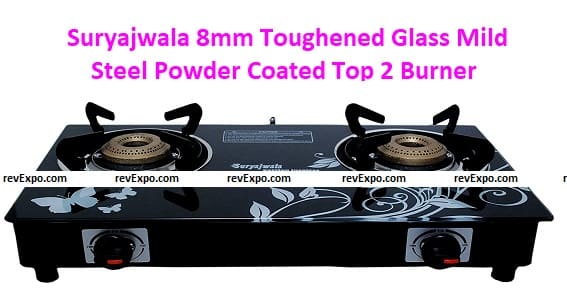 Suryajwala 8mm Toughened Glass Mild Steel Powder Coated Top 2 Burner